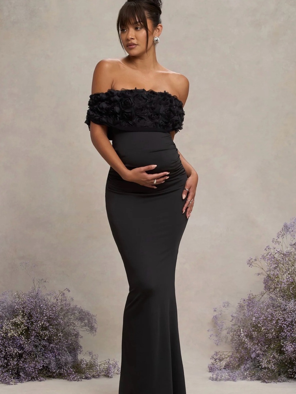 Black Mesh Floral Bardot Maternity Maxi Dress